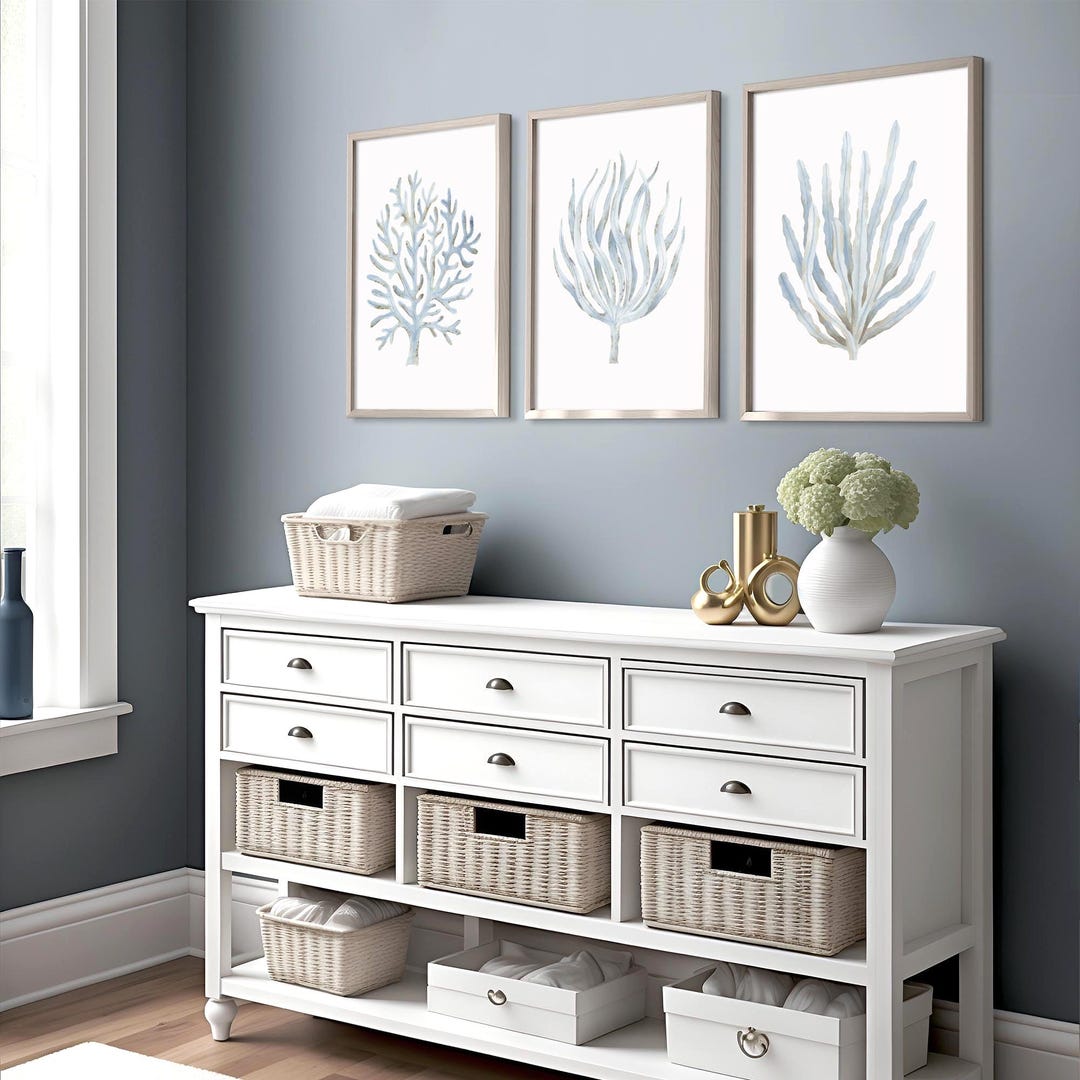 Modern Coastal Wall Art Blue Coral Prints Set 3 Light Blue Wall Art ...
