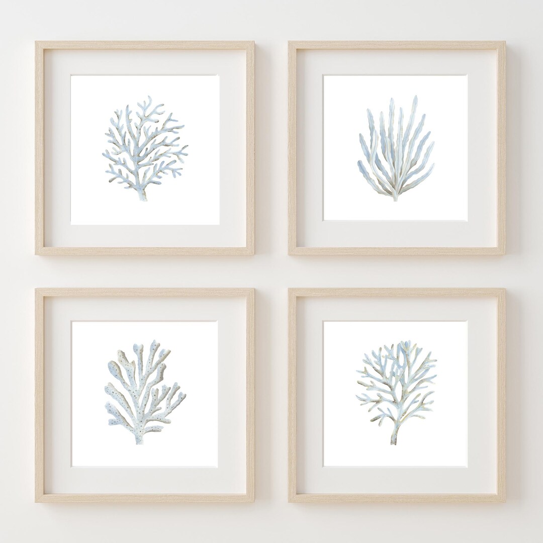 Coastal Wall Art Blue Coral Prints Set 4 Light Blue Wall Art Beach ...