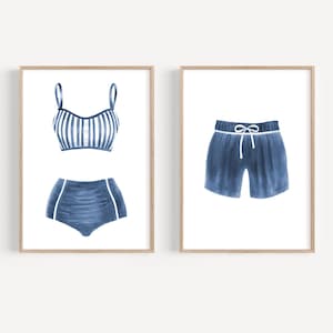 Vintage swimsuit art print set 2 Watercolor swimsuit print Beach house decor Nautical prints Vintage style bathing suit art Retro wall art