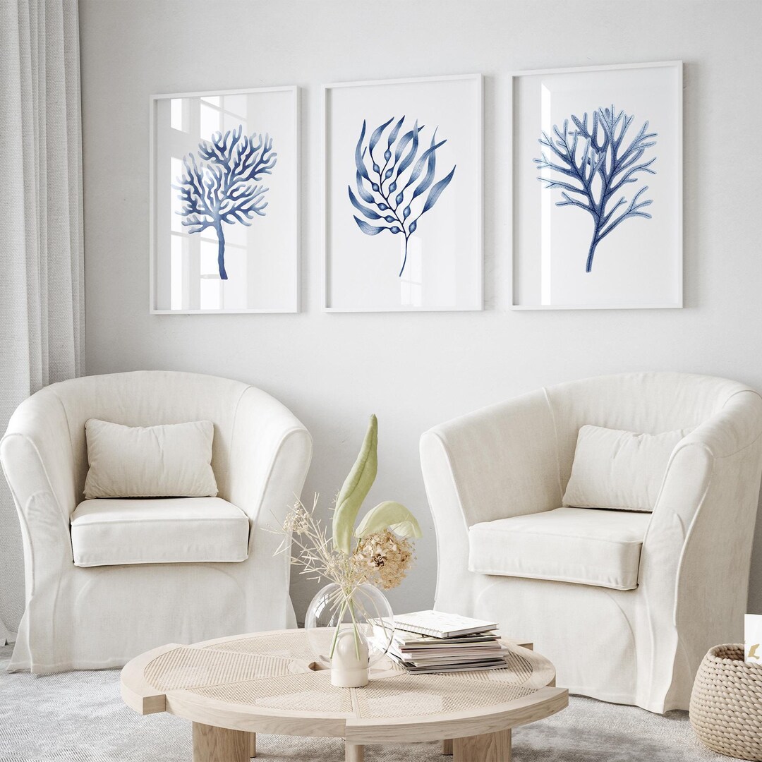 Coastal Wall Art Set of 3 Prints Navy Blue Wall Art Blue Coral Prints ...