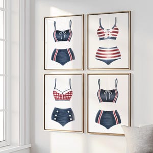 Vintage swimsuit art print set 4 Red white blue bathing suit art Vintage swimsuit prints Lake house decor Summer wall art Beach house decor