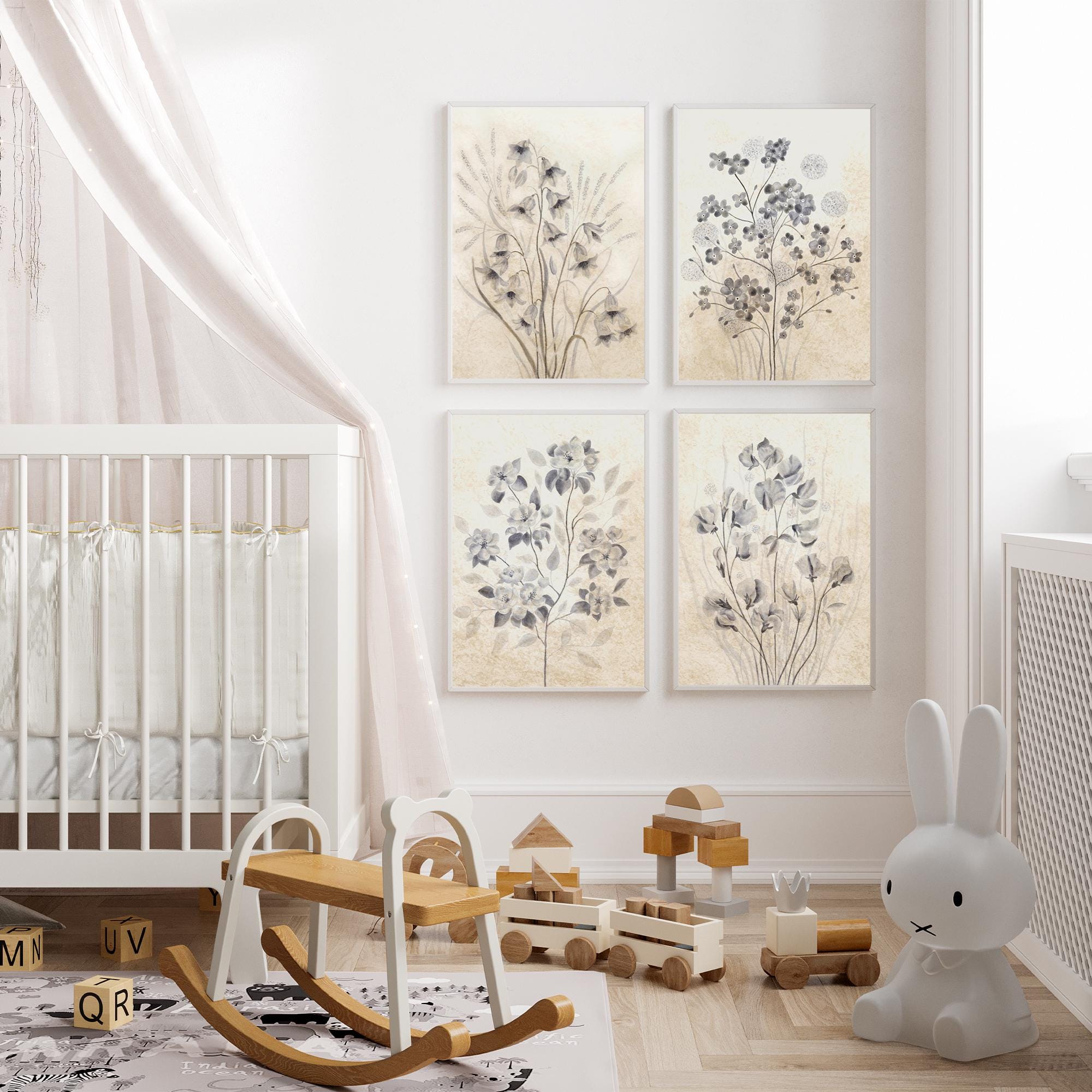 Wildflower Print Set of 4 Vintage Painting Neutral Wall Prints Rustic ...