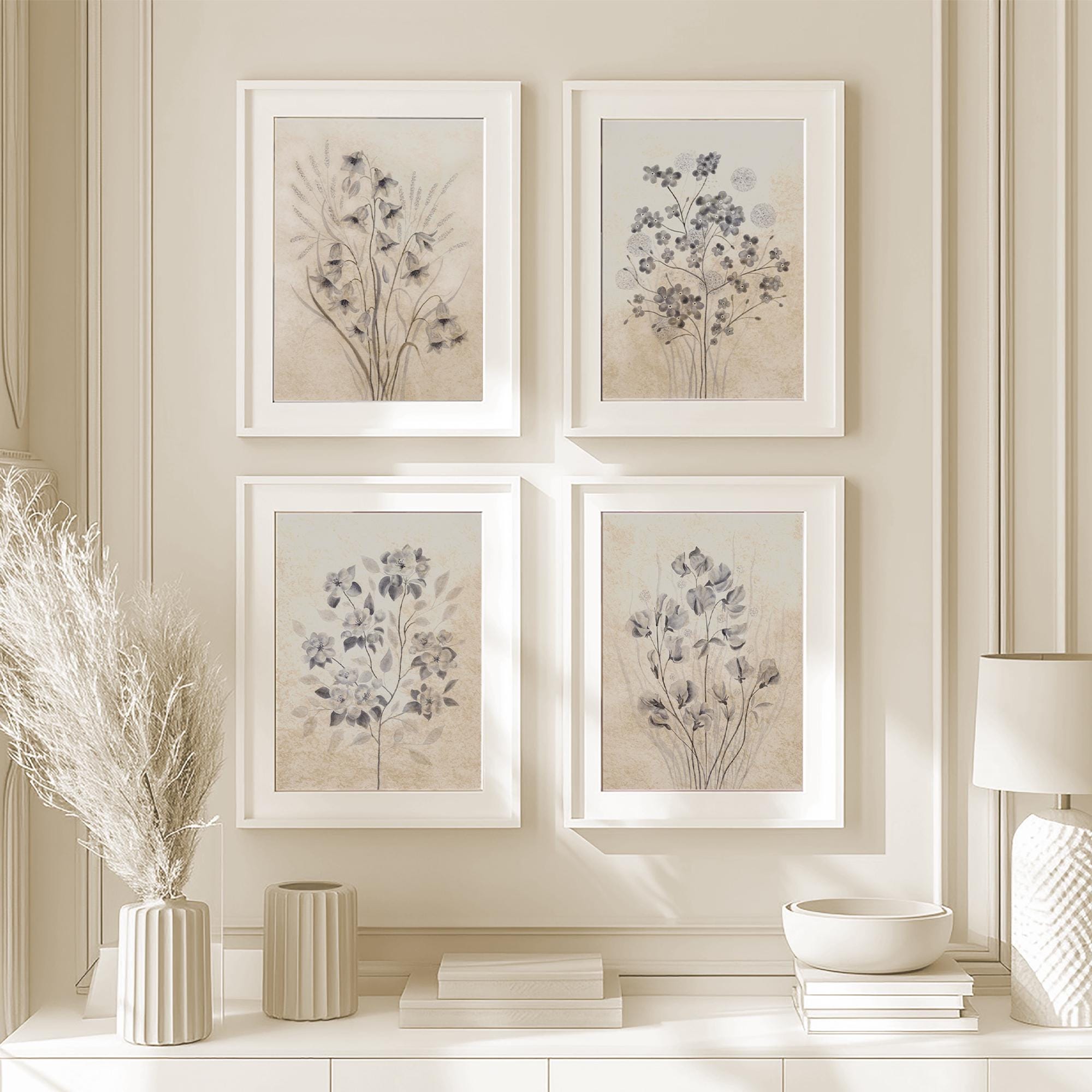 Wildflower Print Set of 4 Vintage Painting Neutral Wall Prints Rustic ...