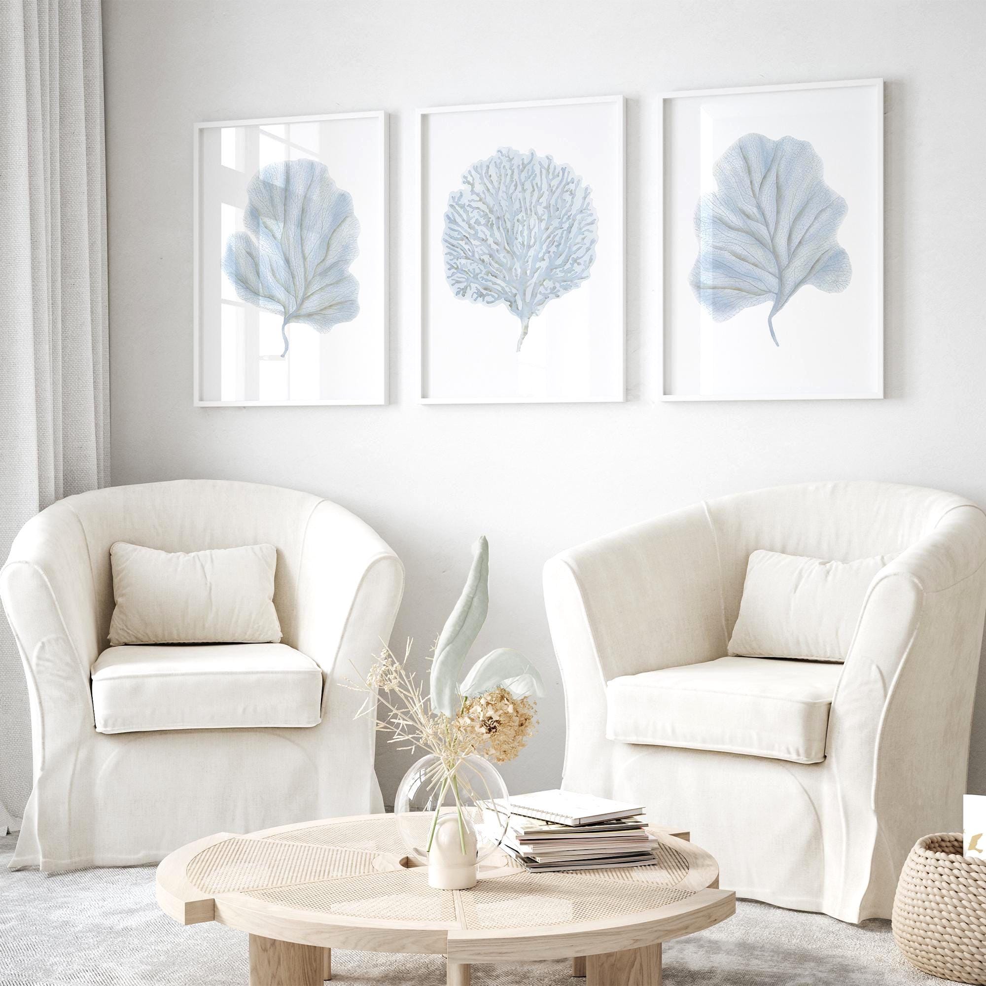 Light Blue Wall Art Watercolor Coral Prints Set 3 Modern Coastal Decor ...