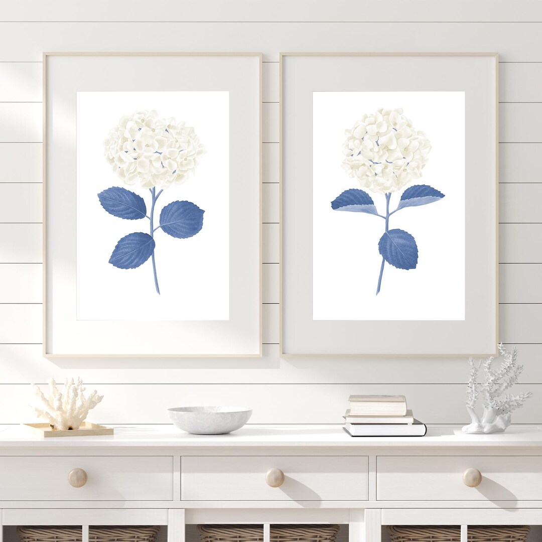 White Hydrangea Painting Navy Blue Wall Art Set of 2 Hydrangea Print ...