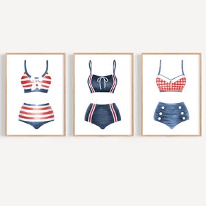Red white and blue vintage swimsuit print set 3 Vintage bathing suit print Lake house decor Retro bikini print Nautical wall art Beachy art