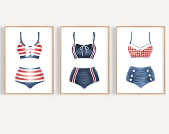 Red white and blue vintage swimsuit print set 3 Vintage bathing suit print Lake house decor Retro bikini print Nautical wall art Beachy art
