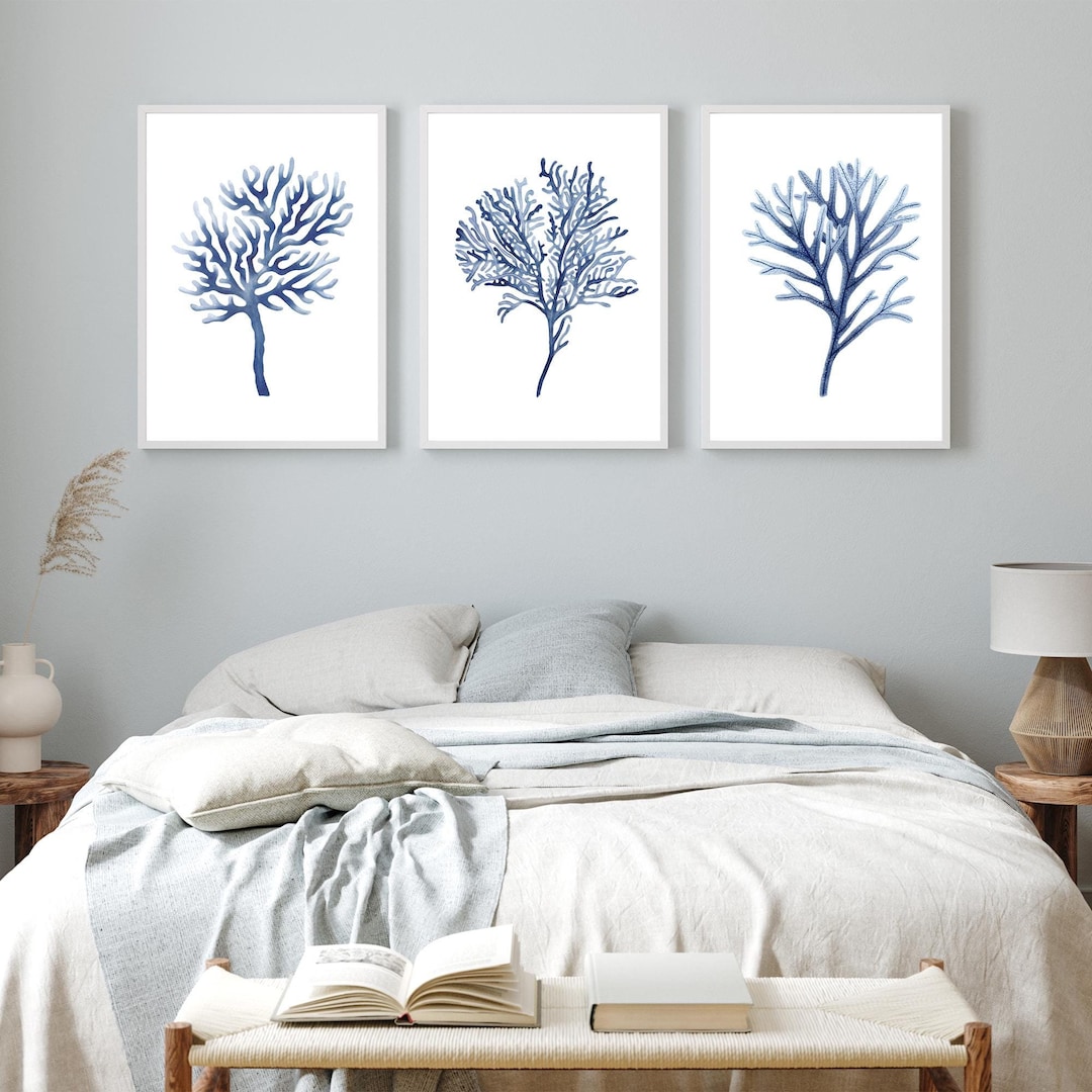Blue Coral Watercolor Prints Set of 3 Nautical Wall Art Seaweed Artwork ...