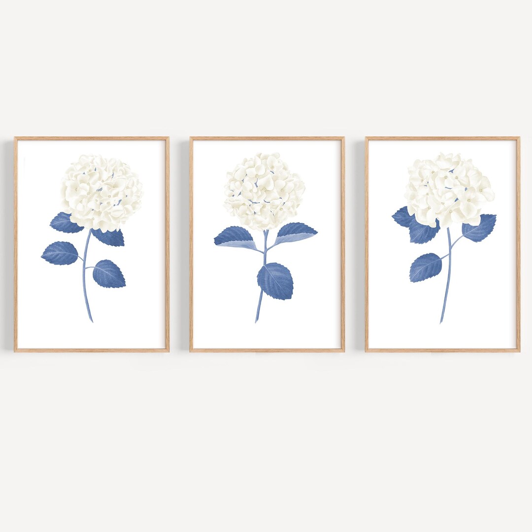 White Hydrangea Print Set of 3 Navy Blue Wall Art Hydrangea Wall Art ...