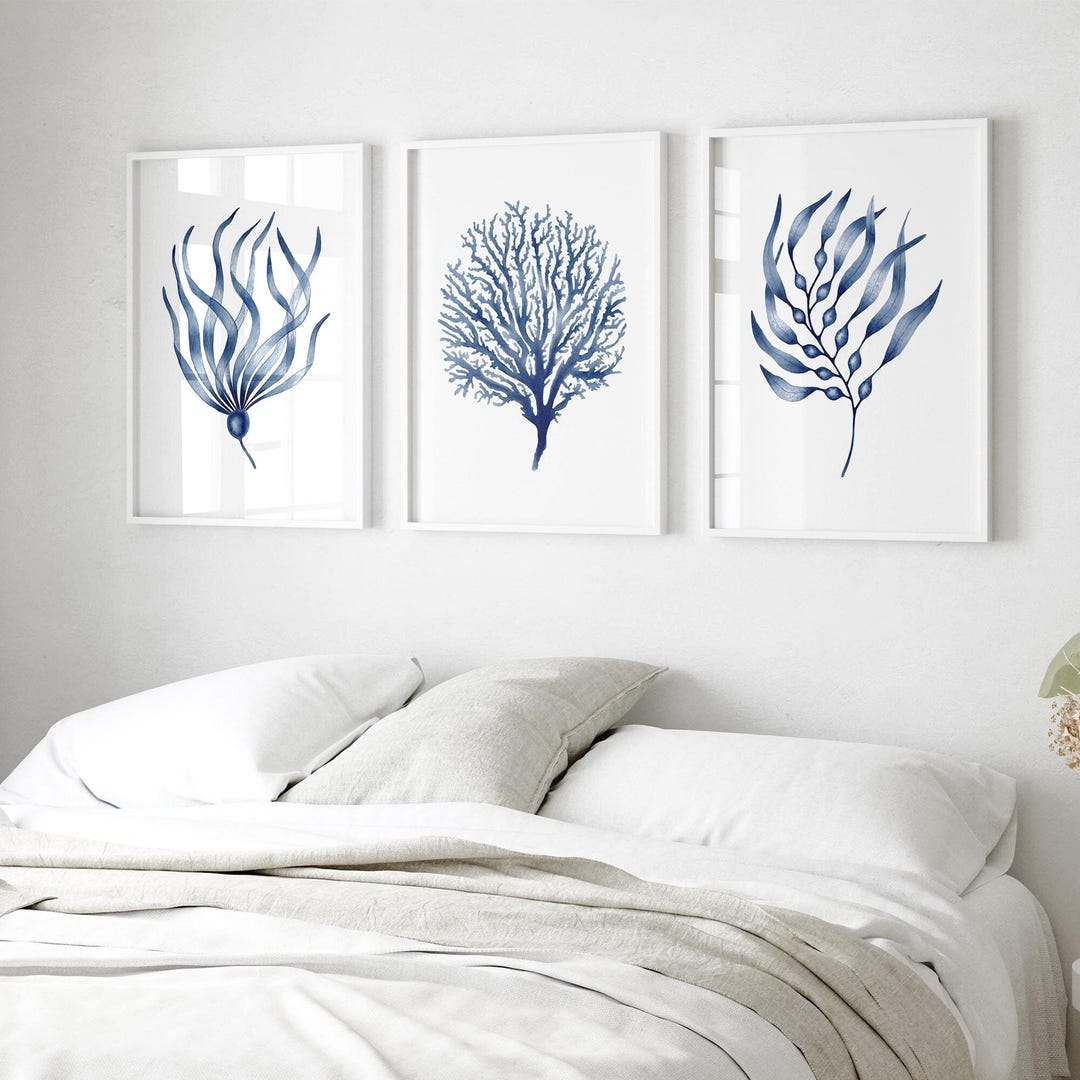 Coral Print Set of 3 Prints Navy Blue Wall Art Nautical Wall Art Ocean ...