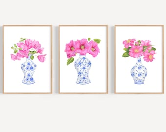 White blue chinoiserie vase print, ginger jar wall art, chinoiserie print, blue and white china print, blue willow decor, asian wall art