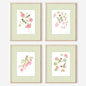 Watercolor hummingbird art print set 4 Bird art print Hummingbird wall art Vintage bird prints Striped floral wall art Bird wall art gift