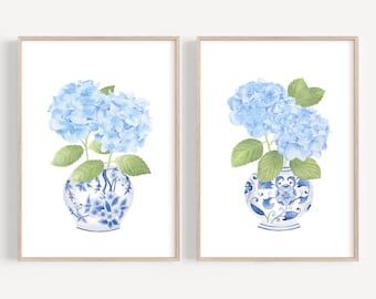 Blue chinoiserie print set of 2 Blue Hydrangea print Blue and white vase Ginger jar painting Chinoiserie wall art Hydrangea painting China