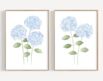 Light Blue hydrangea print set of 2 Hydrangea painting Modern minimalist watercolor Hydrangea wall art Botanical artwork Coastal wall art