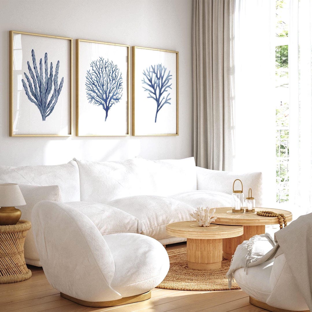 Blue Coral Prints Coastal Wall Art Watercolor Print Coastal Set of 3 ...