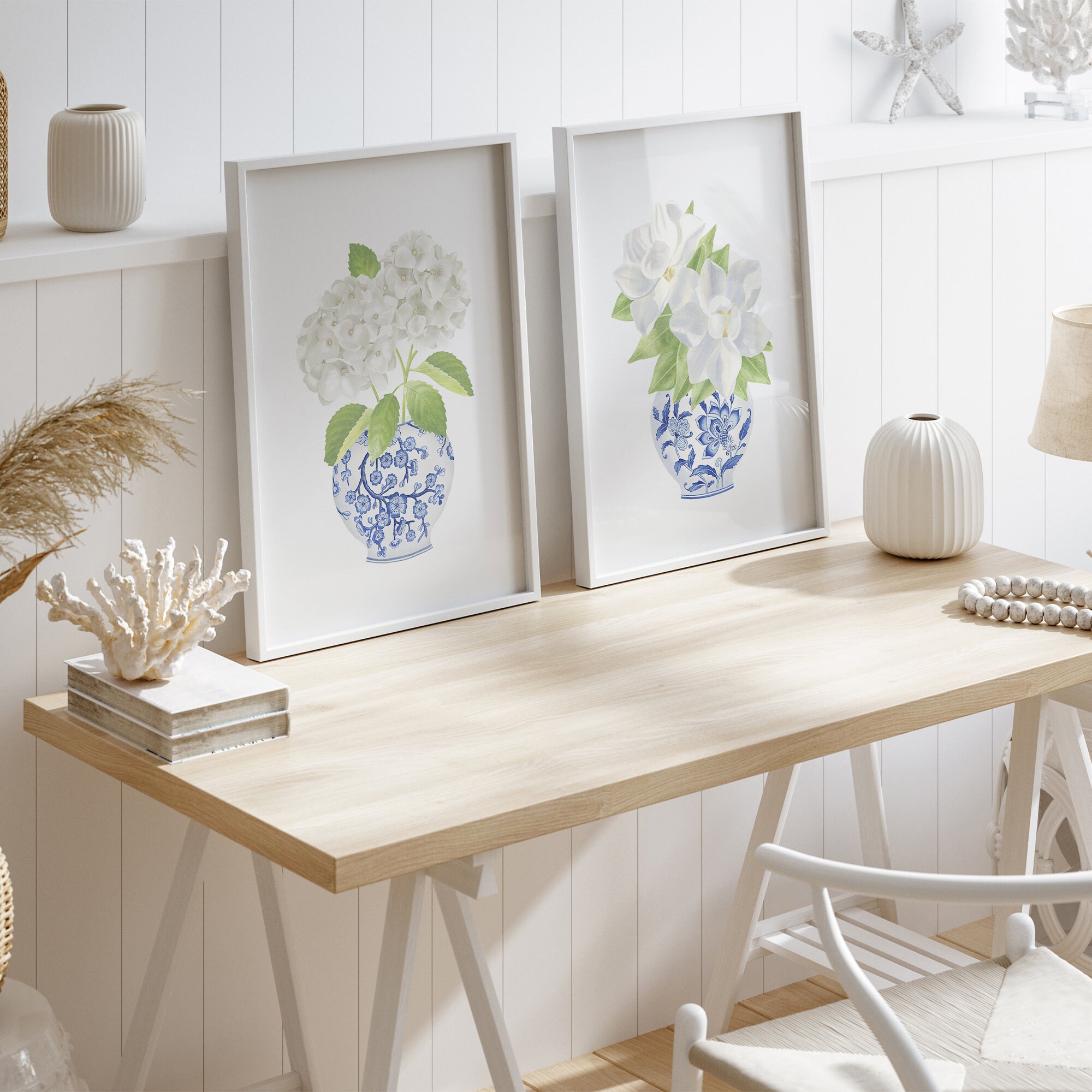 Blue Chinoiserie Wall Art Hydrangea Painting Ginger Jar Print Set 2 ...