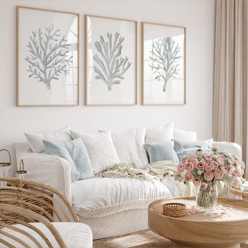 Nautical Light Blue Wall Art Coastal Wall Art Blue Coral Prints Set of ...