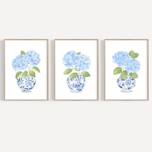 Conjunto de 3 impresiones chinoiserie azules Pintura de hortensias Jarrón con estampado de tarro de jengibre Impresión de porcelana azul y blanca Arte de pared chinoiserie Impresión de hortensias azules