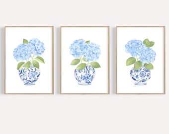 Blue chinoiserie print set 3 Hydrangea painting Ginger jar print vase Blue and white china print Chinoiserie wall art Blue Hydrangea print