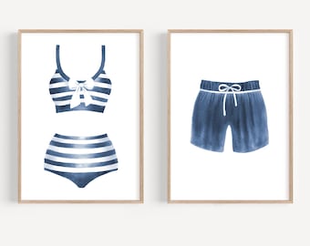 Navy blue wall art Vintage swimsuit art Lake house art Laundry room decor Beachy wall art Swimming pool art Beach house decor Bikini print