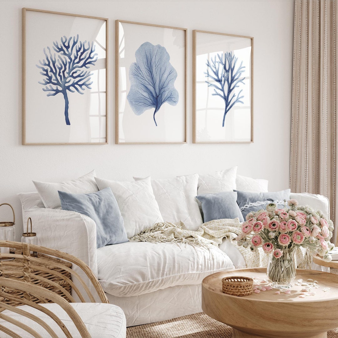 Blue Coral Prints Set 3 Navy Blue Wall Art Coastal Wall Art Nautical ...