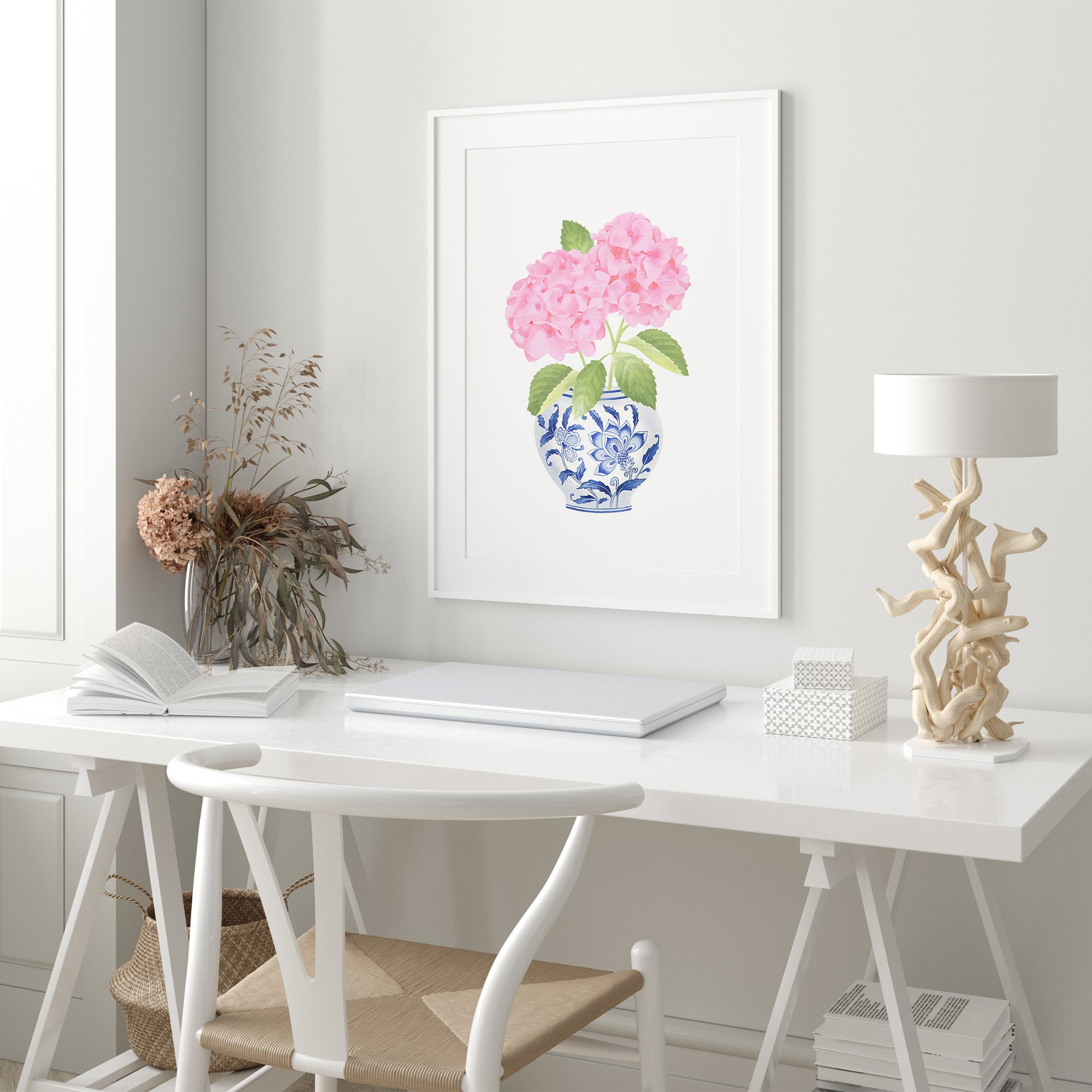 Blue Chinoiserie Wall Art Ginger Jar Print Set 2 Pink Hydrangea ...