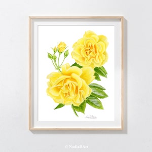 May include: Watercolor painting of yellow roses with green leaves and buds on a white background.