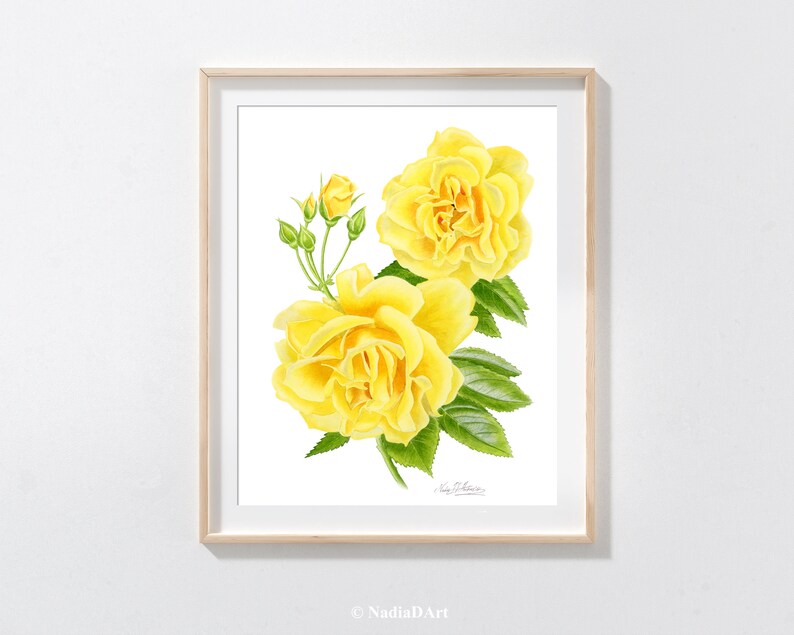 May include: Watercolor painting of yellow roses with green leaves and buds on a white background.