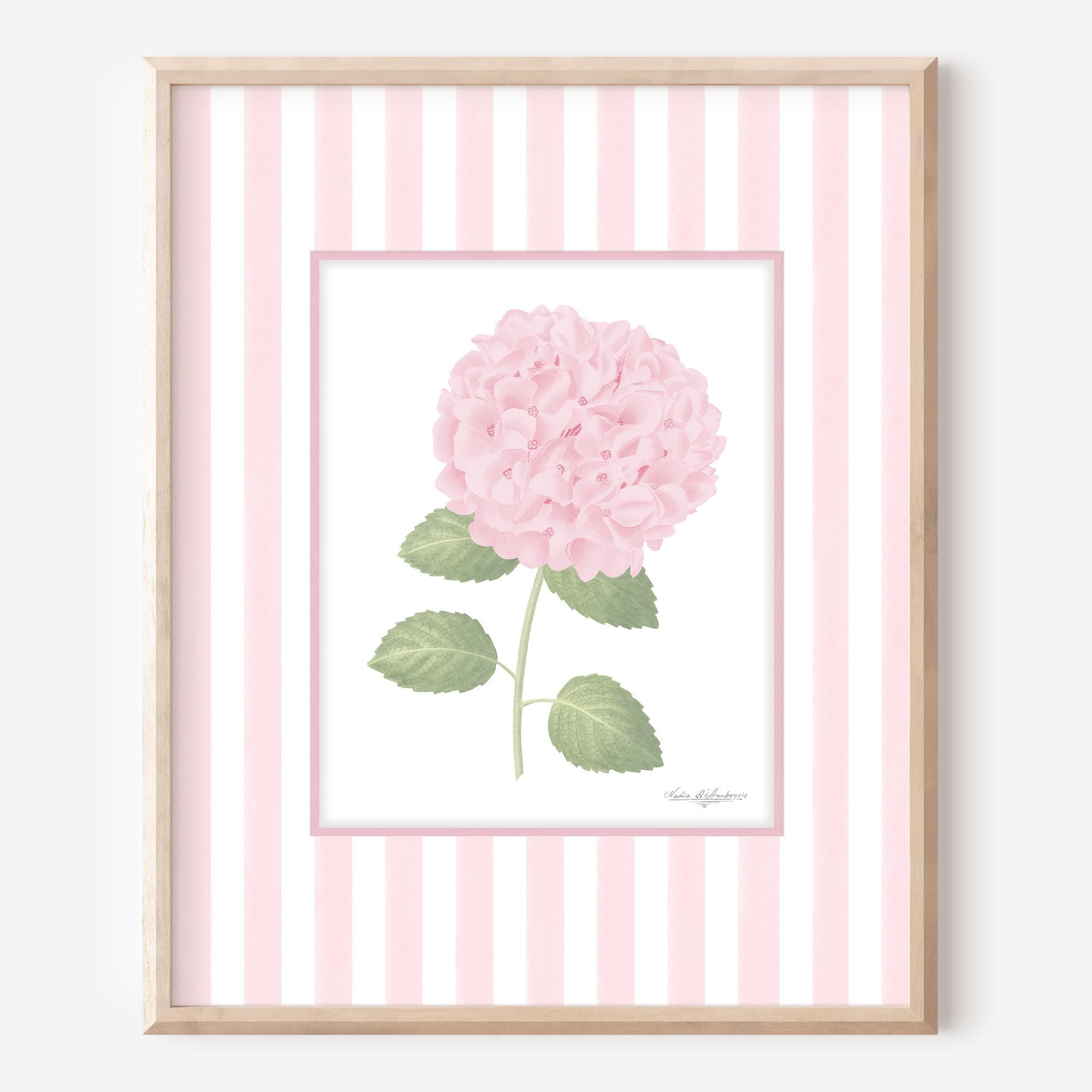 Striped Floral Art Prints Set 2 Pink Hydrangea Wall Art Grandmillennial ...