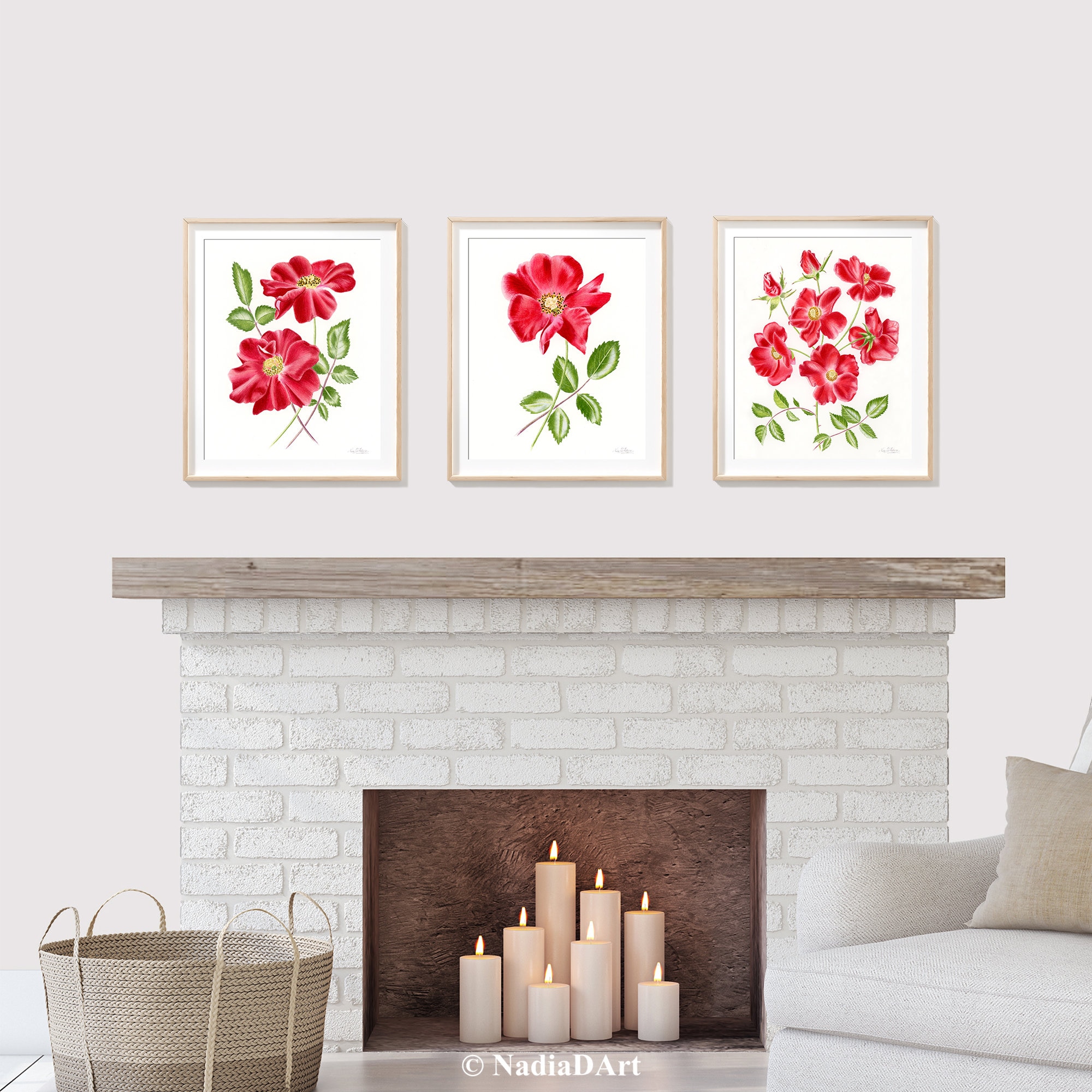 RED ROSE Art Print Set of 3, Botanical Art Print, Red Flower Art Print ...