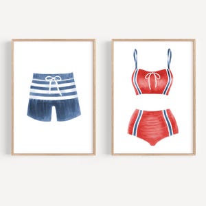 Red white and blue watercolor swimsuit print set 2 Vintage bathing suit art Vintage swimsuit art print Beach house decor Retro bikini print