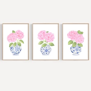 Blue chinoiserie print set 3 Blush pink hydrangea print Ginger jar print Hydrangea painting Chinoiserie wall art  Blue and white china vase