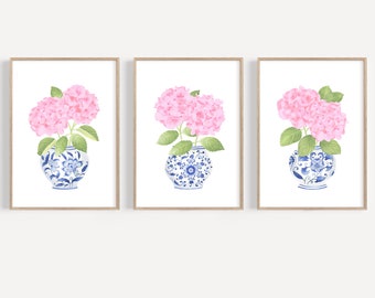 Blue chinoiserie print set 3 Blush pink hydrangea print Ginger jar print Hydrangea painting Chinoiserie wall art  Blue and white china vase