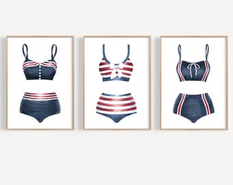 Vintage swimsuit art print set 3 Beachy wall art Lake house decor Red white and blue bathing suit art Nautical prints Beach house decor gift