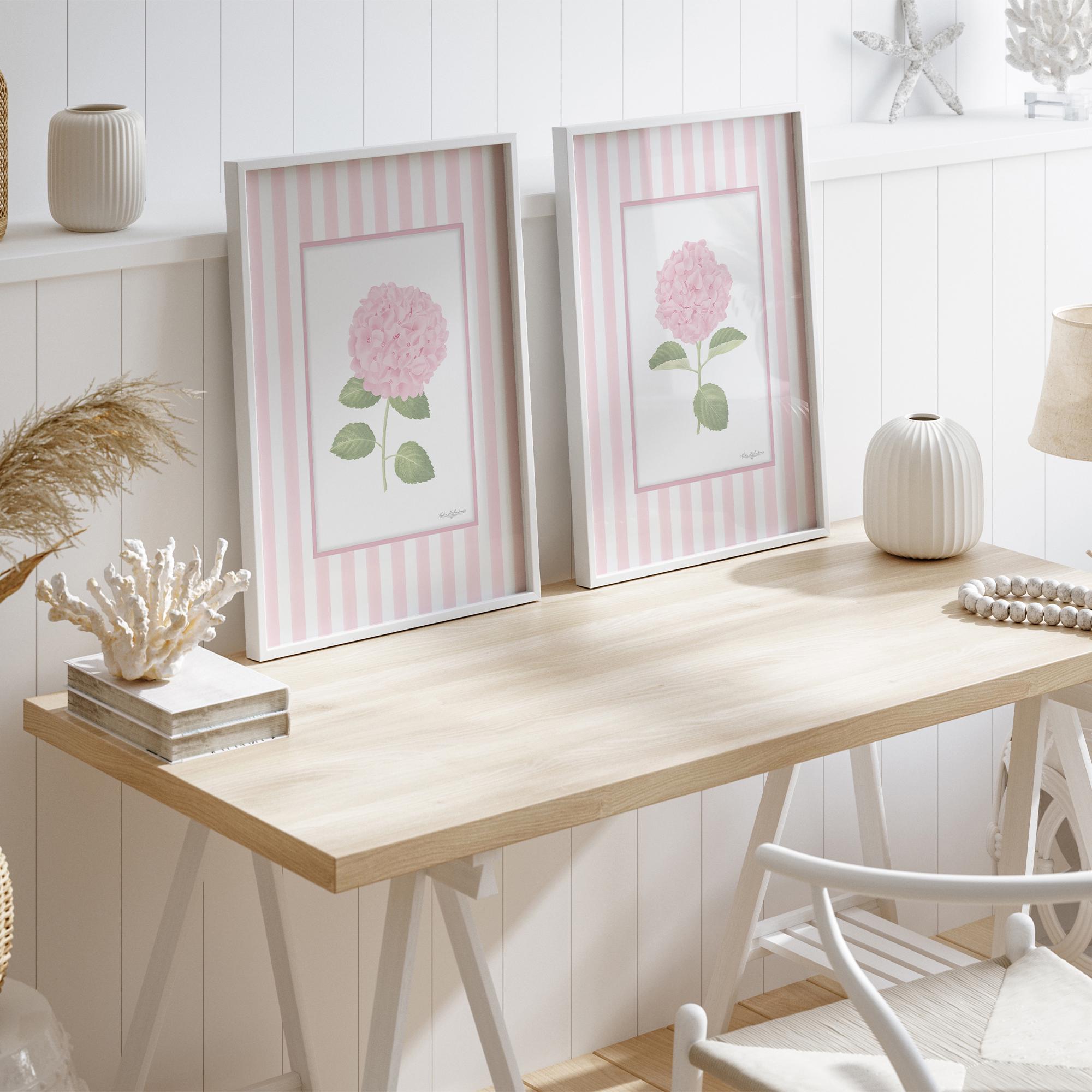 Striped Floral Art Prints Set 2 Pink Hydrangea Wall Art Grandmillennial ...