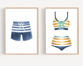 Vintage swimsuit art print set 2 Lake house decor Nautical Wall Art Beach house decor Vintage bathing suit art Retro art beachy wall art