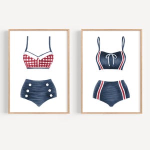 Blue bikini print set 2 Vintage swimsuit print Lake house decor Retro bathing suit print Summer painting Beachy room decor Bathroom wall art