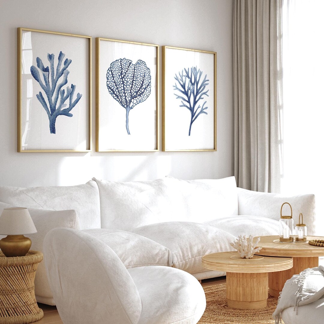 Modern Coastal Wall Art Set of 3 Prints Blue Coral Prints Seaweed ...