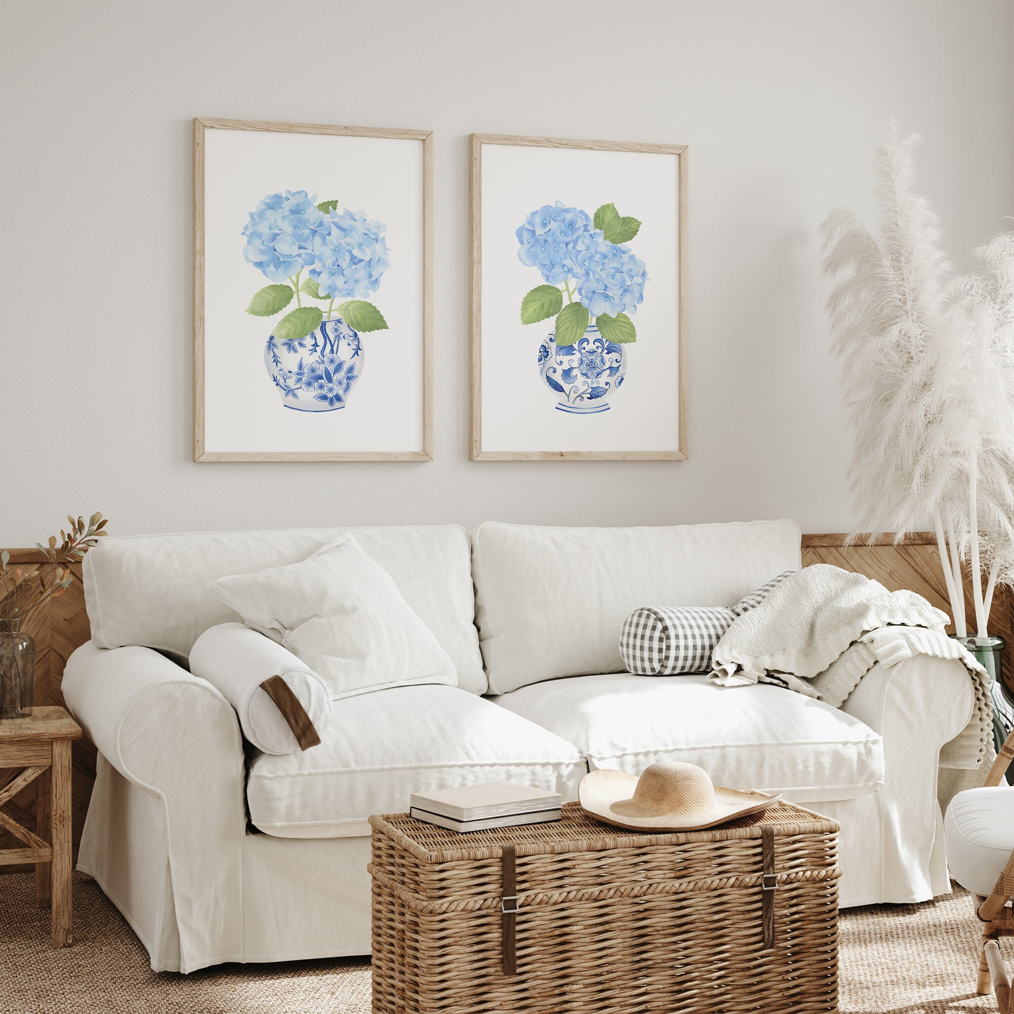 Blue Chinoiserie Print Set of 2 Blue Hydrangea Print Blue and White ...