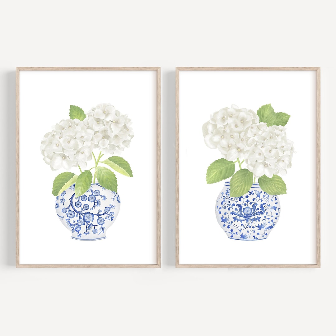 Blue Chinoiserie Wall Art Ginger Jar Print Set 2 Hydrangea Painting ...