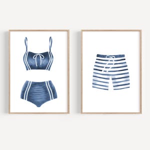 Vintage style swimsuit art print set 2 Retro watercolor bathing suit art Navy blue wall art Beach House decor Lake House decor Bathroom art