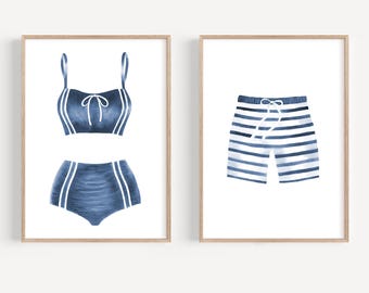 Vintage style swimsuit art print set 2 Retro watercolor bathing suit art Navy blue wall art Beach House decor Lake House decor Bathroom art