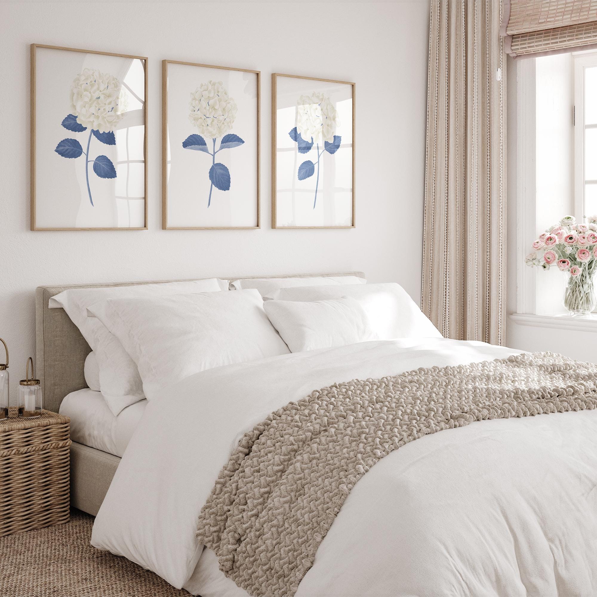White Hydrangea Print Set of 3 Navy Blue Wall Art Hydrangea Wall Art ...