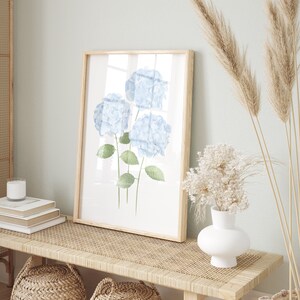 May include: A framed watercolor painting of blue hydrangeas on a white background. The painting is displayed on a light wood shelf with a woven basket and a white vase with dried flowers.