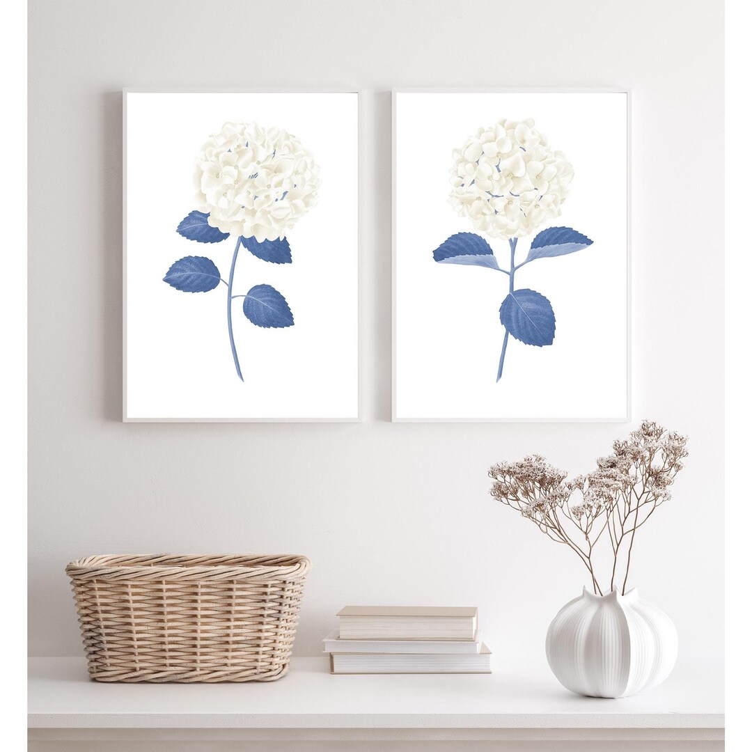 Navy Blue Wall Art Set of 2 Prints White Hydrangea Print Hydrangea ...