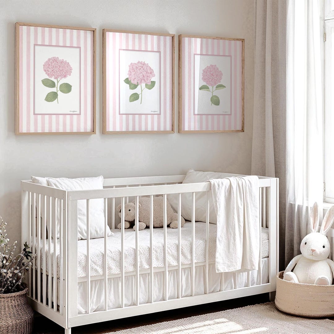Striped Floral Art Prints Set of 3 Pink Hydrangea Wall Art ...