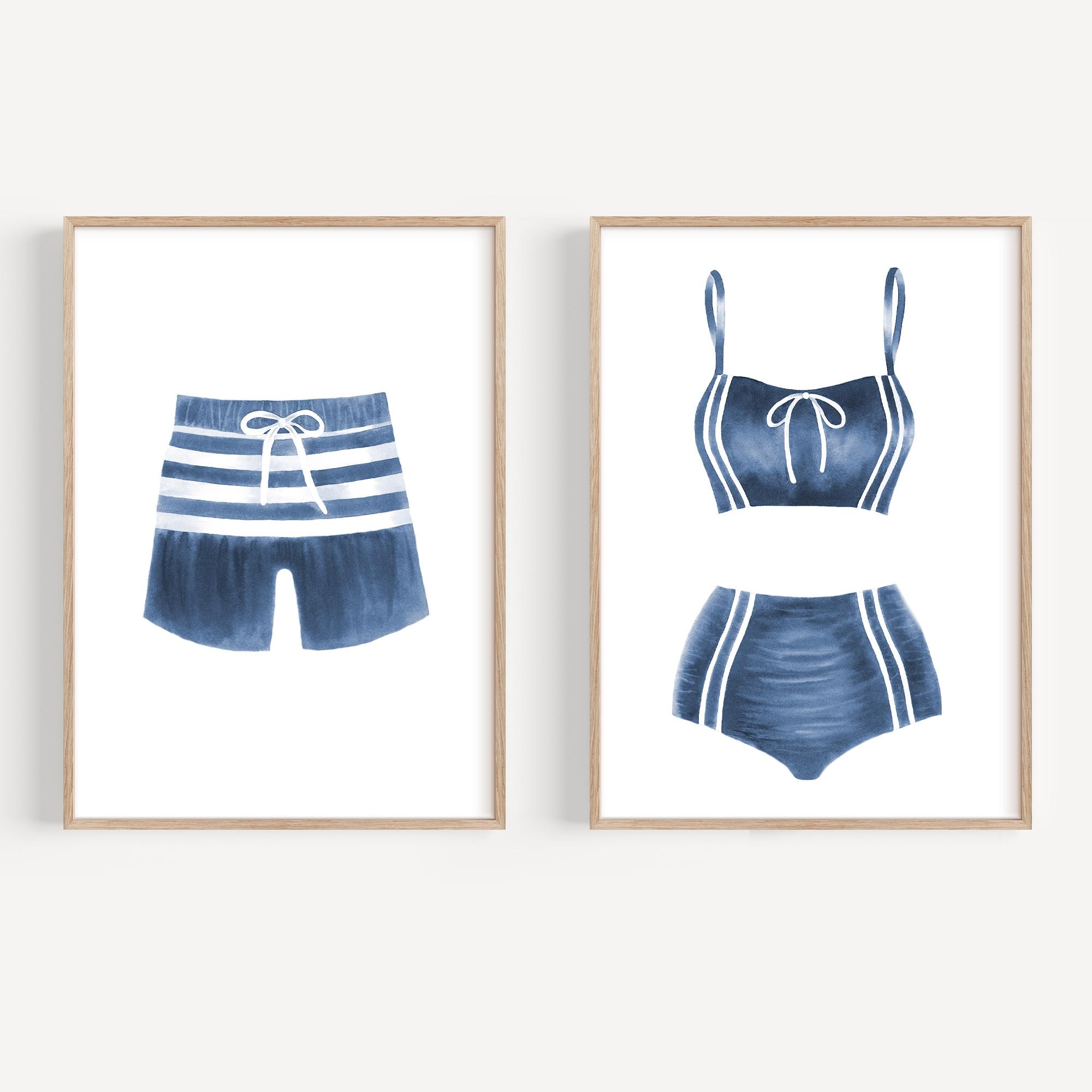 Vintage swimsuit art print set 2 Beach wall art Nautical wall decor Navy blue wall art Bathing suit art Coastal wall art Lake house decor