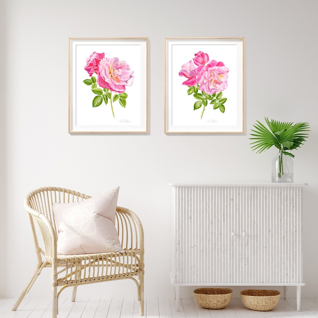PINK ROSE PRINT Set of 2, Pink Rose Painting, Watercolor Rose Flower ...