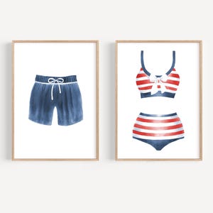 Vintage swimsuit art print set of 2 Red white blue beach house decor Lake house decor Vintage style bathing suit print Beach lover gift