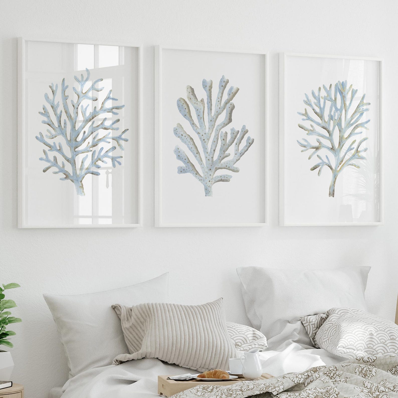 Nautical Light Blue Wall Art Coastal Wall Art Blue Coral Prints Set of ...